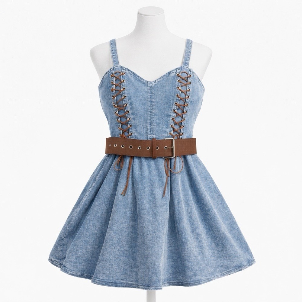 Social Collision Women Denim Corset Mini Dress XL Stretch Belt‎ Lace Up Blue Y2K